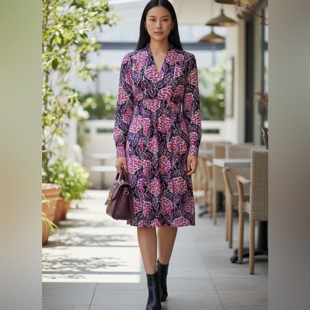 Boden Purple Mix Floral Print Viscose Grandad Collar Shift Dress Size 4R